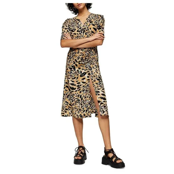 Topshop Leopard Print Mock Wrap Midi Dress Sz 4 - Picture 4 of 7